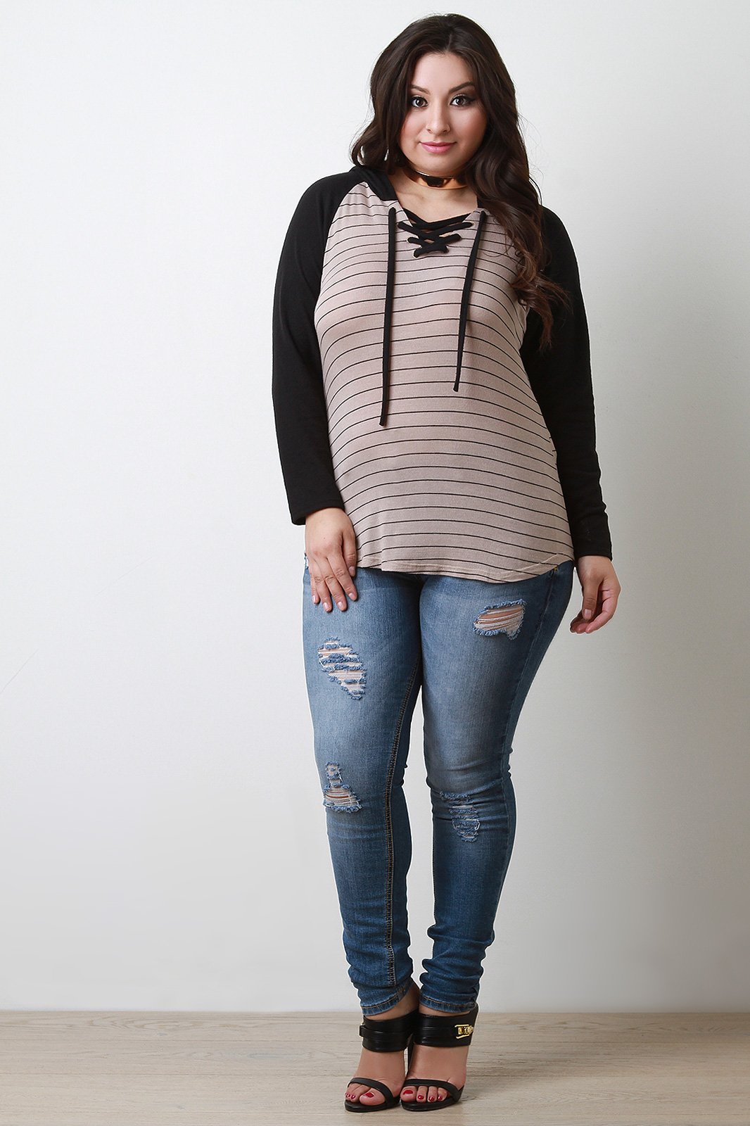 Striped Raglan Sleeve Hooded Top
