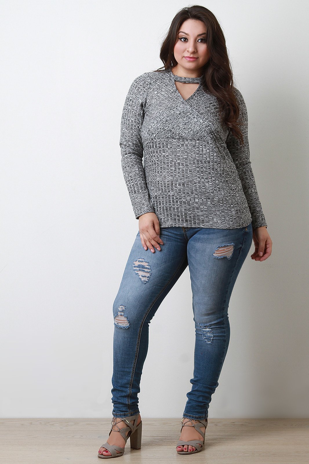 Marled Knit Wrapped Long Sleeves Sweater