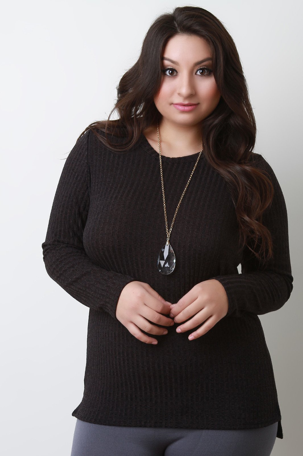 Rib Knit Square High Low Hem Long Sleeve Top