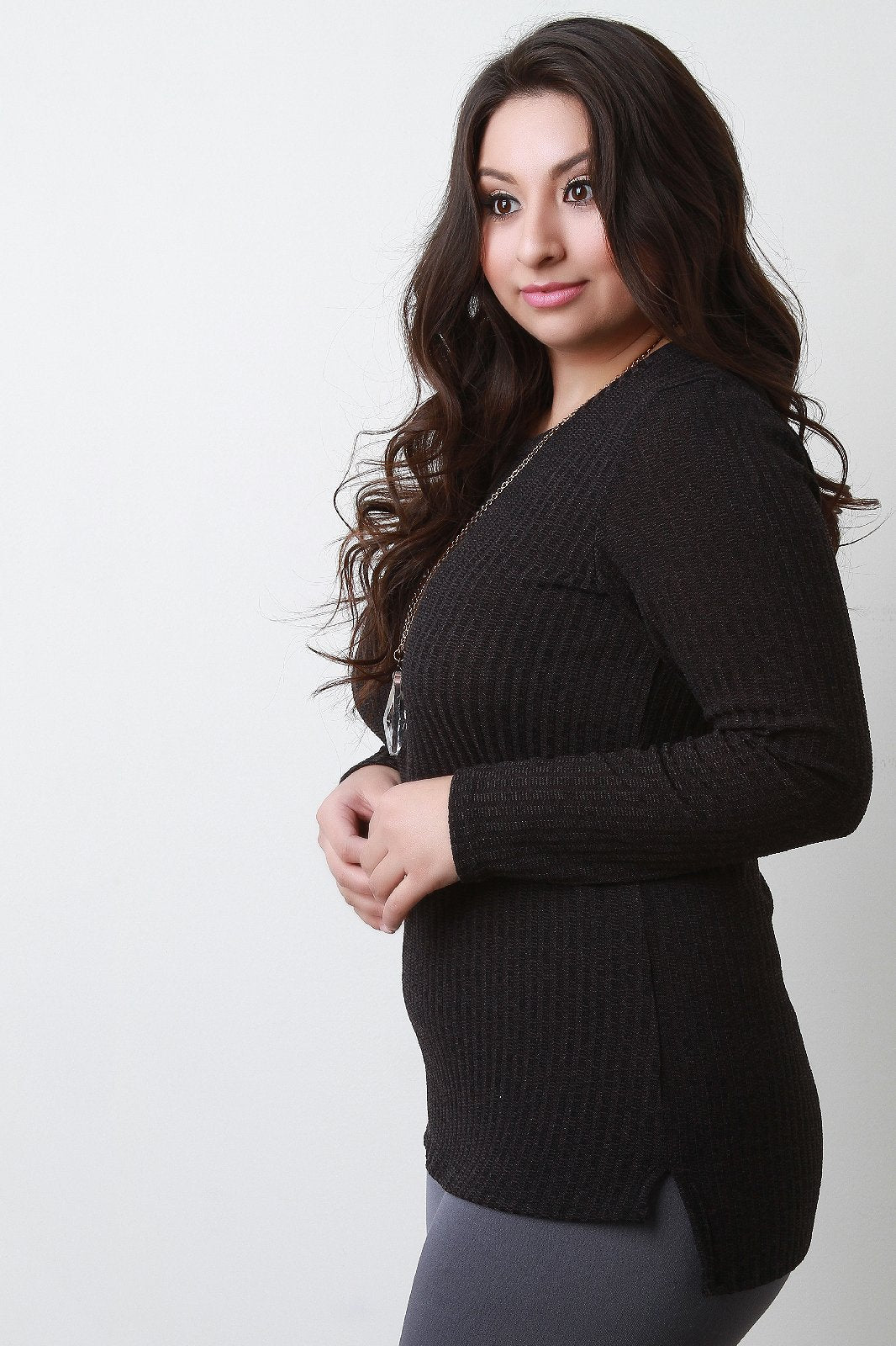 Rib Knit Square High Low Hem Long Sleeve Top