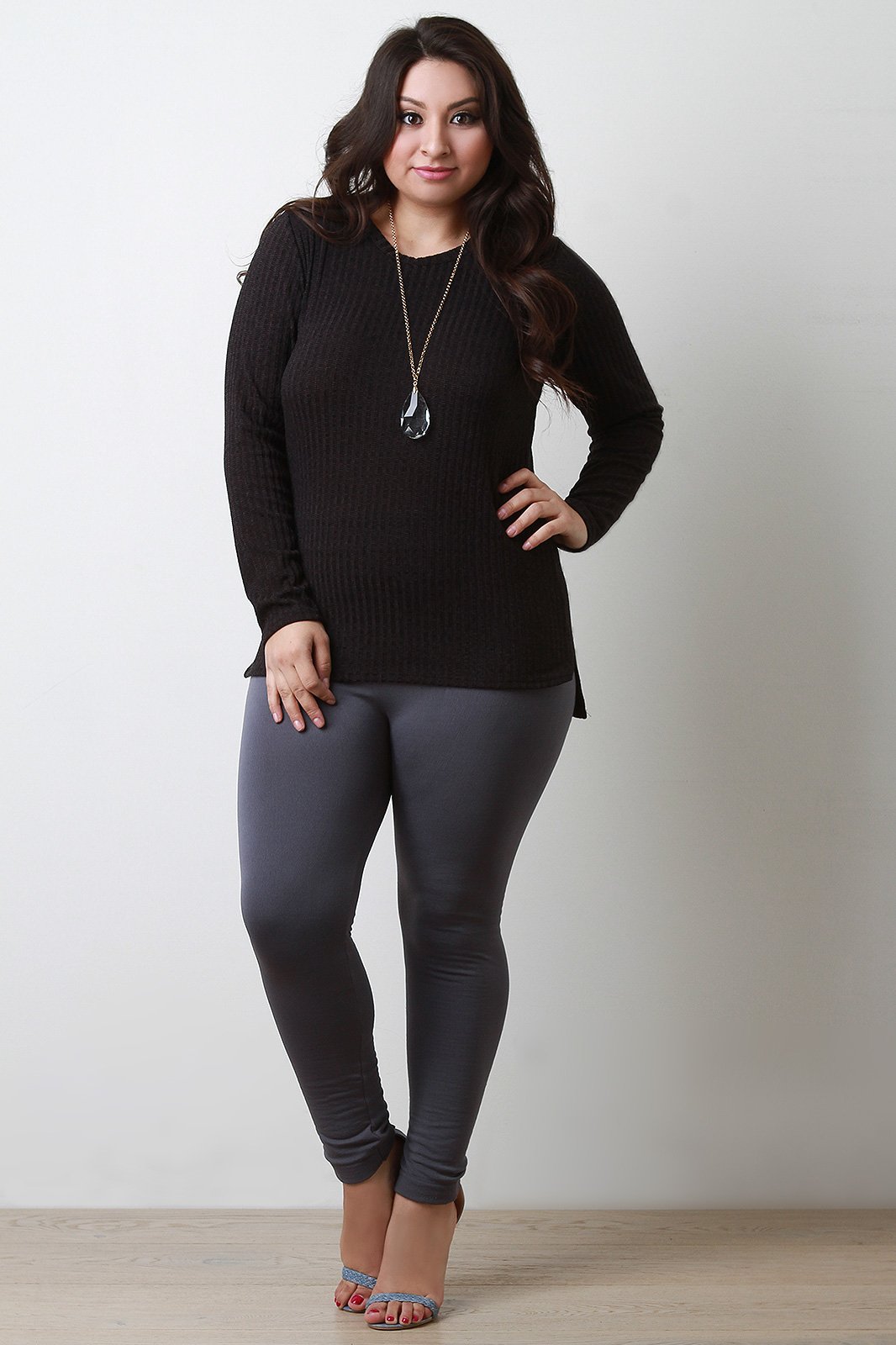 Rib Knit Square High Low Hem Long Sleeve Top