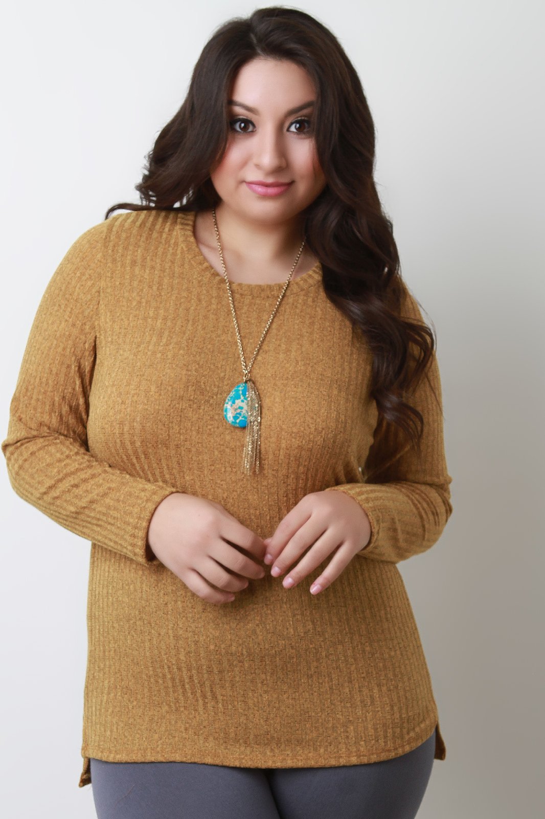 Rib Knit Square High Low Hem Long Sleeve Top