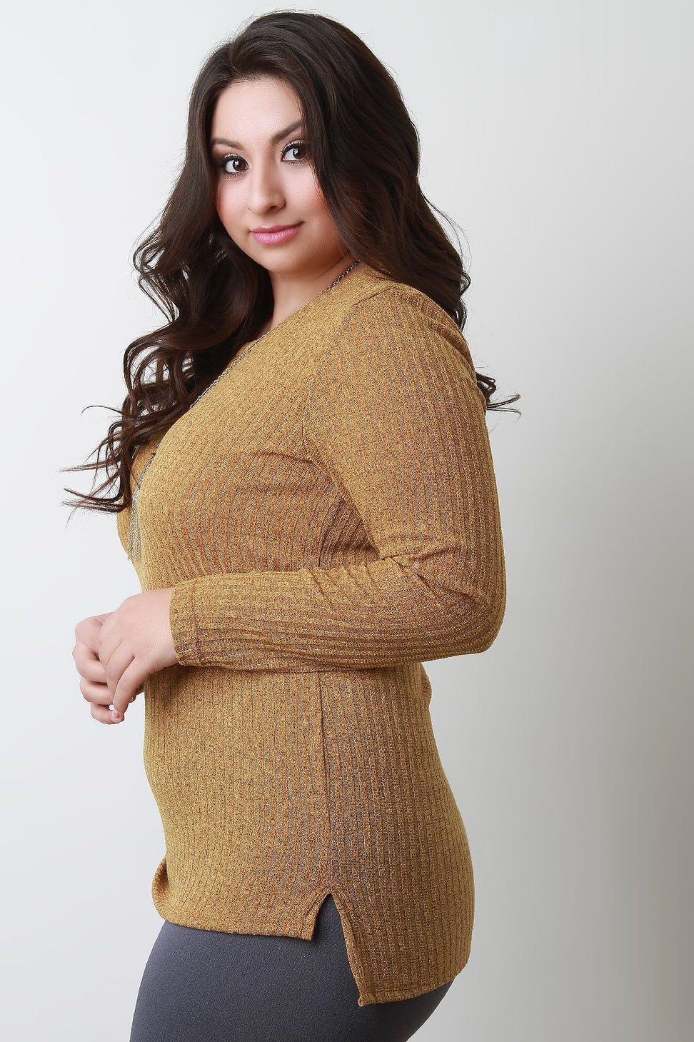 Rib Knit Square High Low Hem Long Sleeve Top