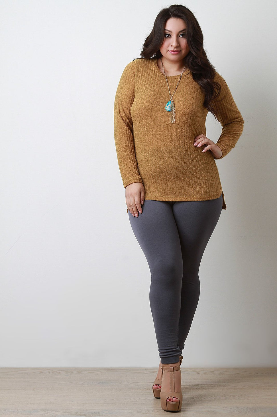 Rib Knit Square High Low Hem Long Sleeve Top