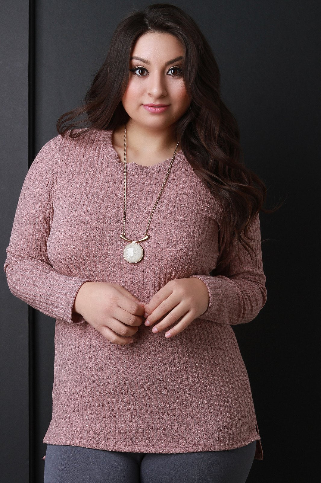 Rib Knit Square High Low Hem Long Sleeve Top