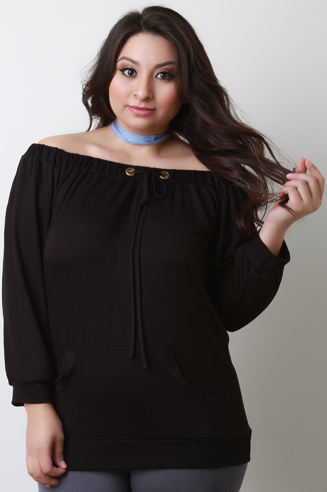 Long Sleeve Off The Shoulder Front Pocket Tee - NoveltyOne