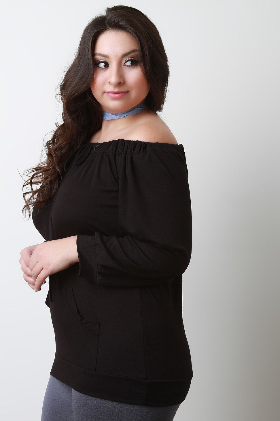 Long Sleeve Off The Shoulder Front Pocket Tee - NoveltyOne