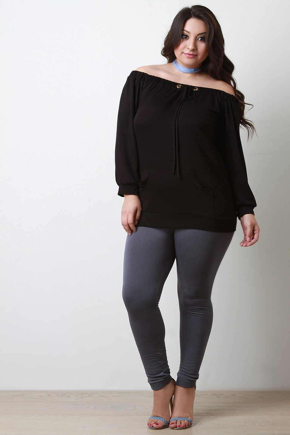 Long Sleeve Off The Shoulder Front Pocket Tee - NoveltyOne