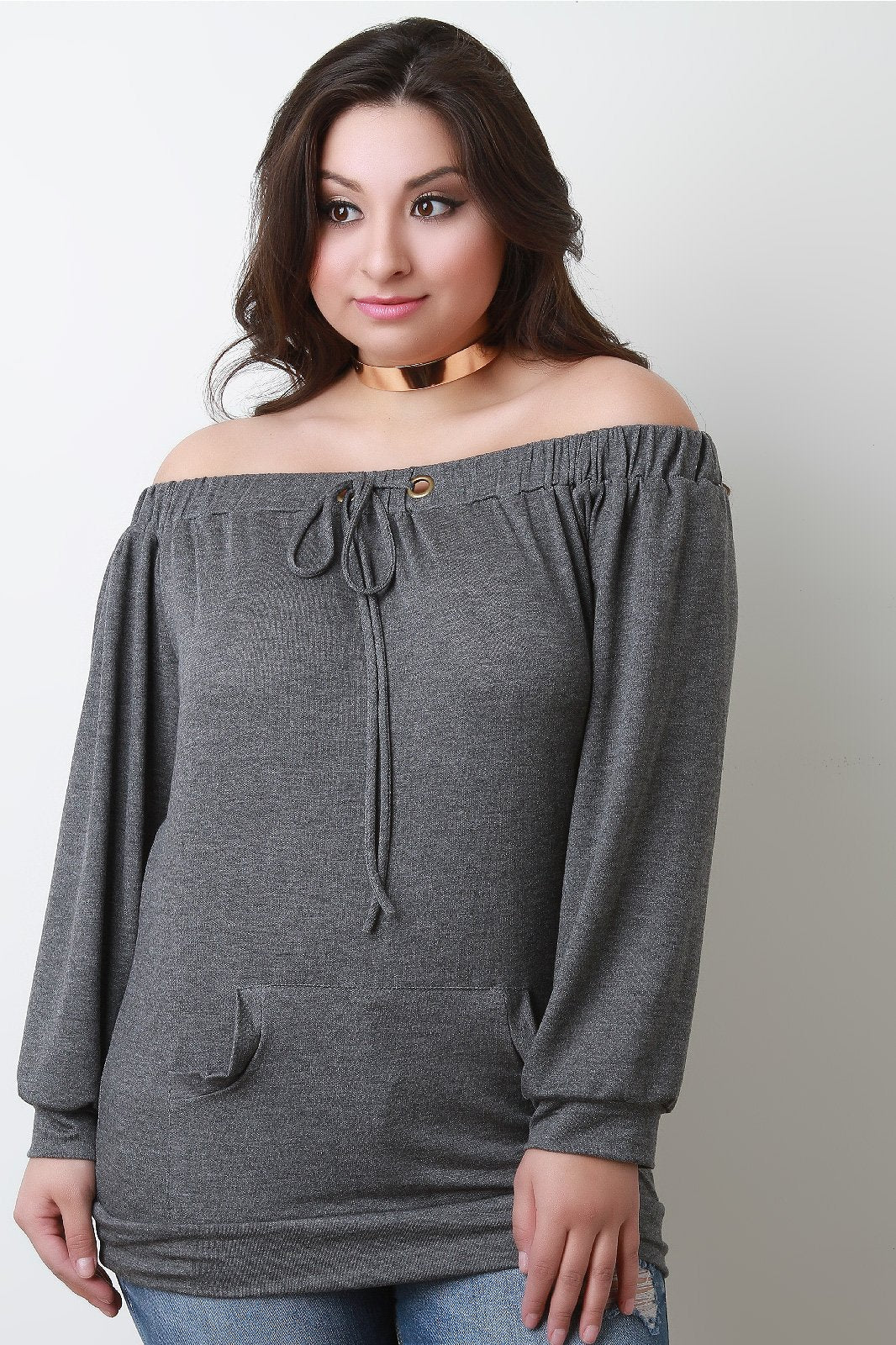 Long Sleeve Off The Shoulder Front Pocket Tee - NoveltyOne