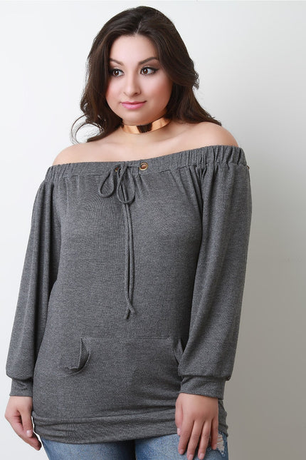 Long Sleeve Off The Shoulder Front Pocket Tee - NoveltyOne