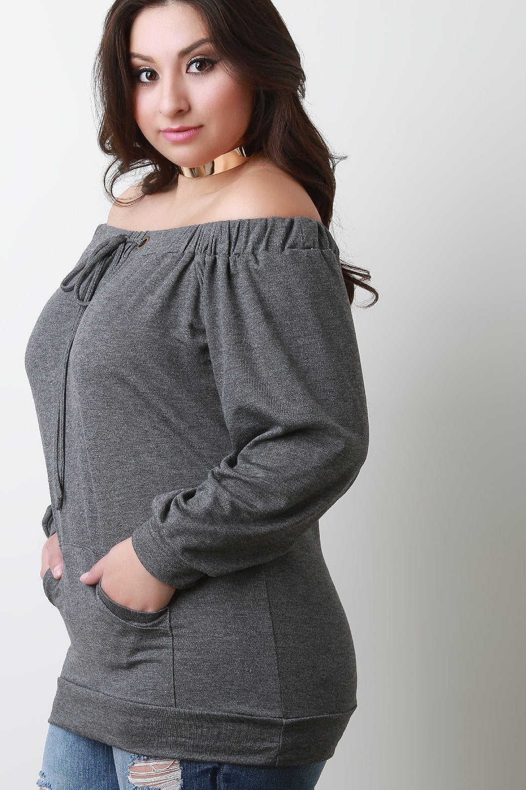 Long Sleeve Off The Shoulder Front Pocket Tee - NoveltyOne