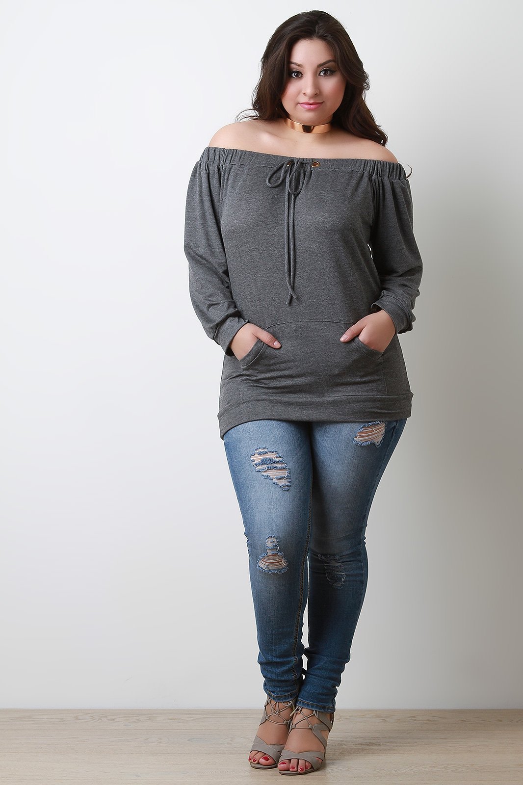 Long Sleeve Off The Shoulder Front Pocket Tee - NoveltyOne