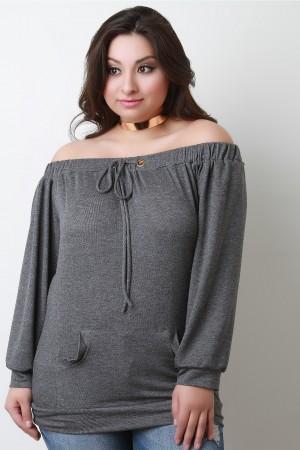 Long Sleeve Off The Shoulder Front Pocket Tee - NoveltyOne