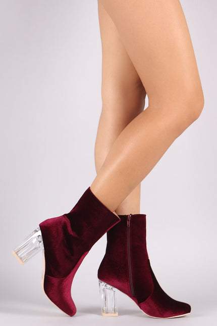 Crushed Velvet Chunky Clear Heeled Ankle Boots