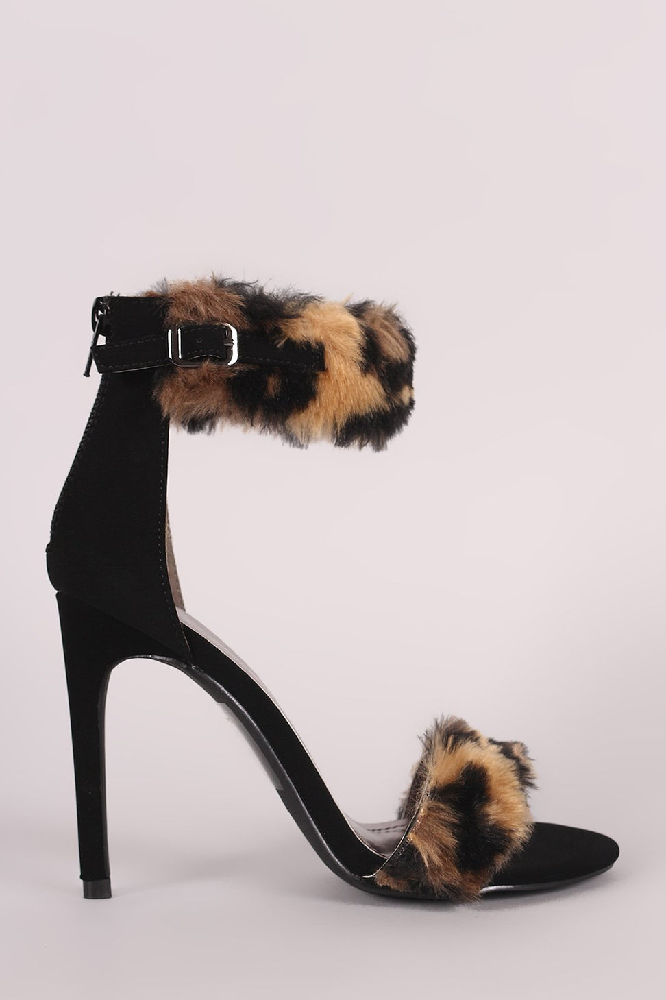Shoe Republic LA Leopard Faux Fur Ankle Strap Stiletto Heel