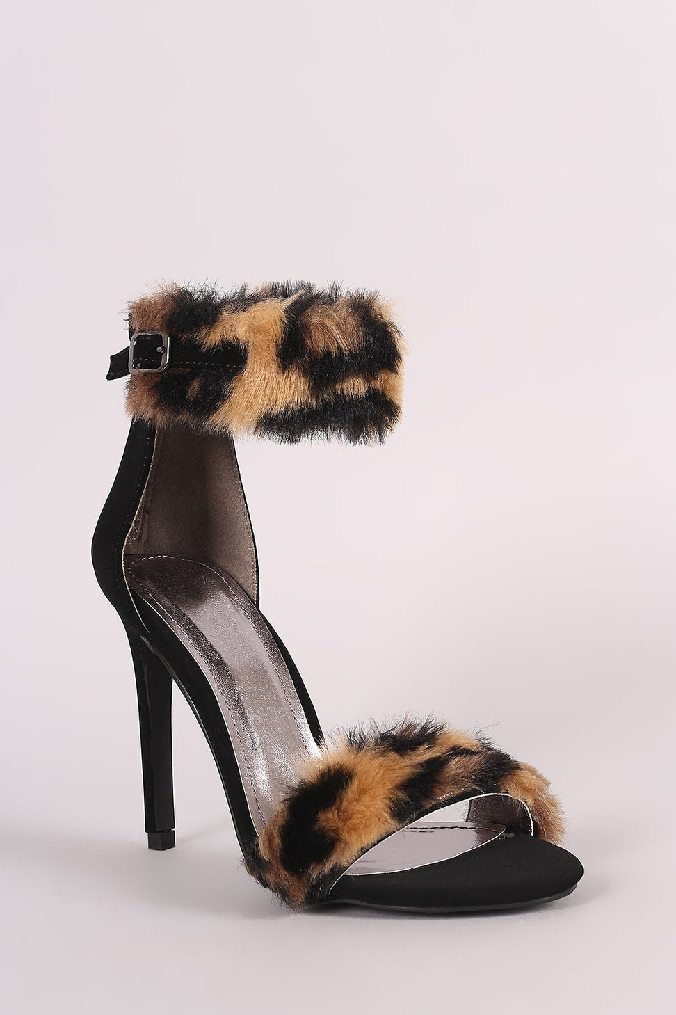 Shoe Republic LA Leopard Faux Fur Ankle Strap Stiletto Heel