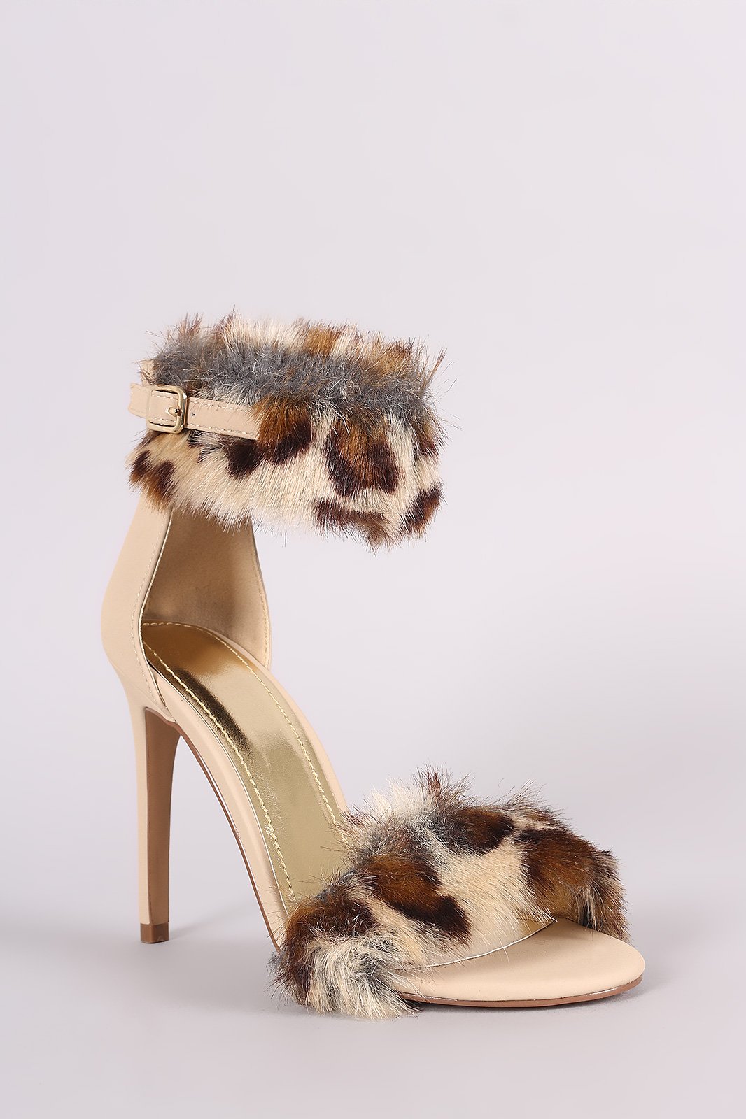 Shoe Republic LA Leopard Faux Fur Ankle Strap Stiletto Heel