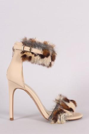 Shoe Republic LA Leopard Faux Fur Ankle Strap Stiletto Heel