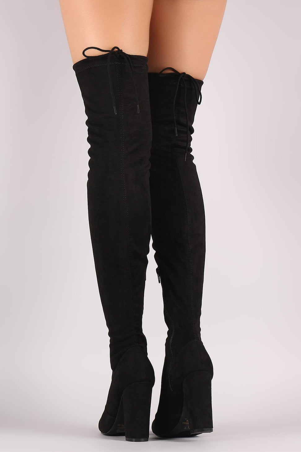 Drawstring-Tie Chunky Heeled Suede Boots