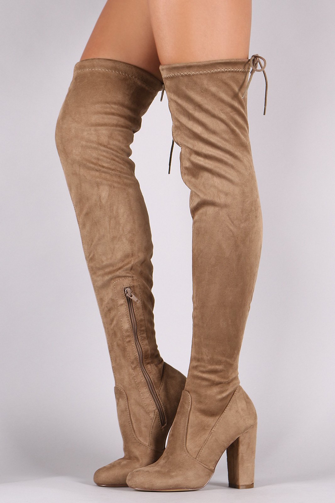 Drawstring-Tie Chunky Heeled Suede Boots