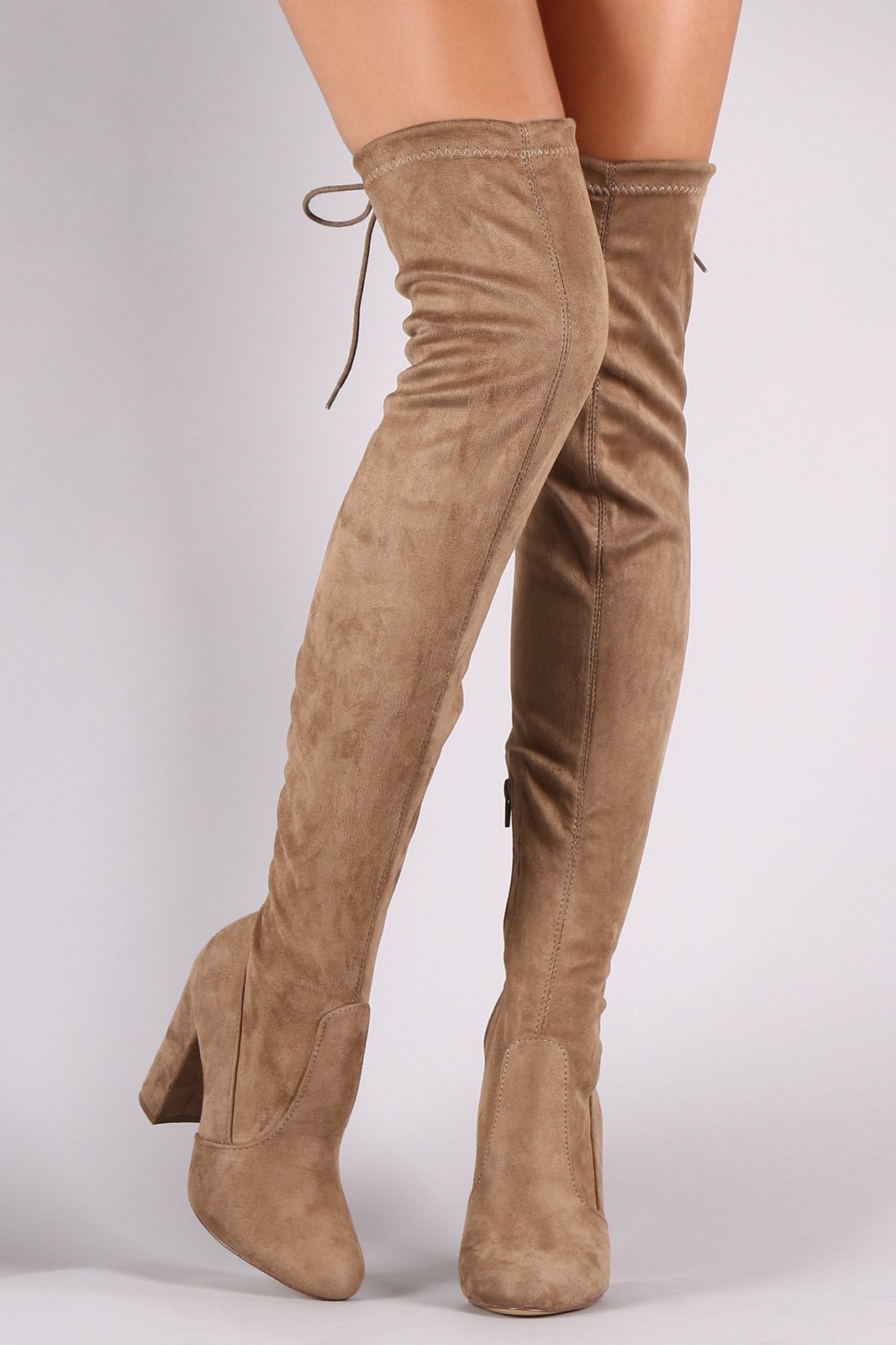 Drawstring-Tie Chunky Heeled Suede Boots