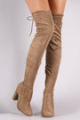 Drawstring-Tie Chunky Heeled Suede Boots