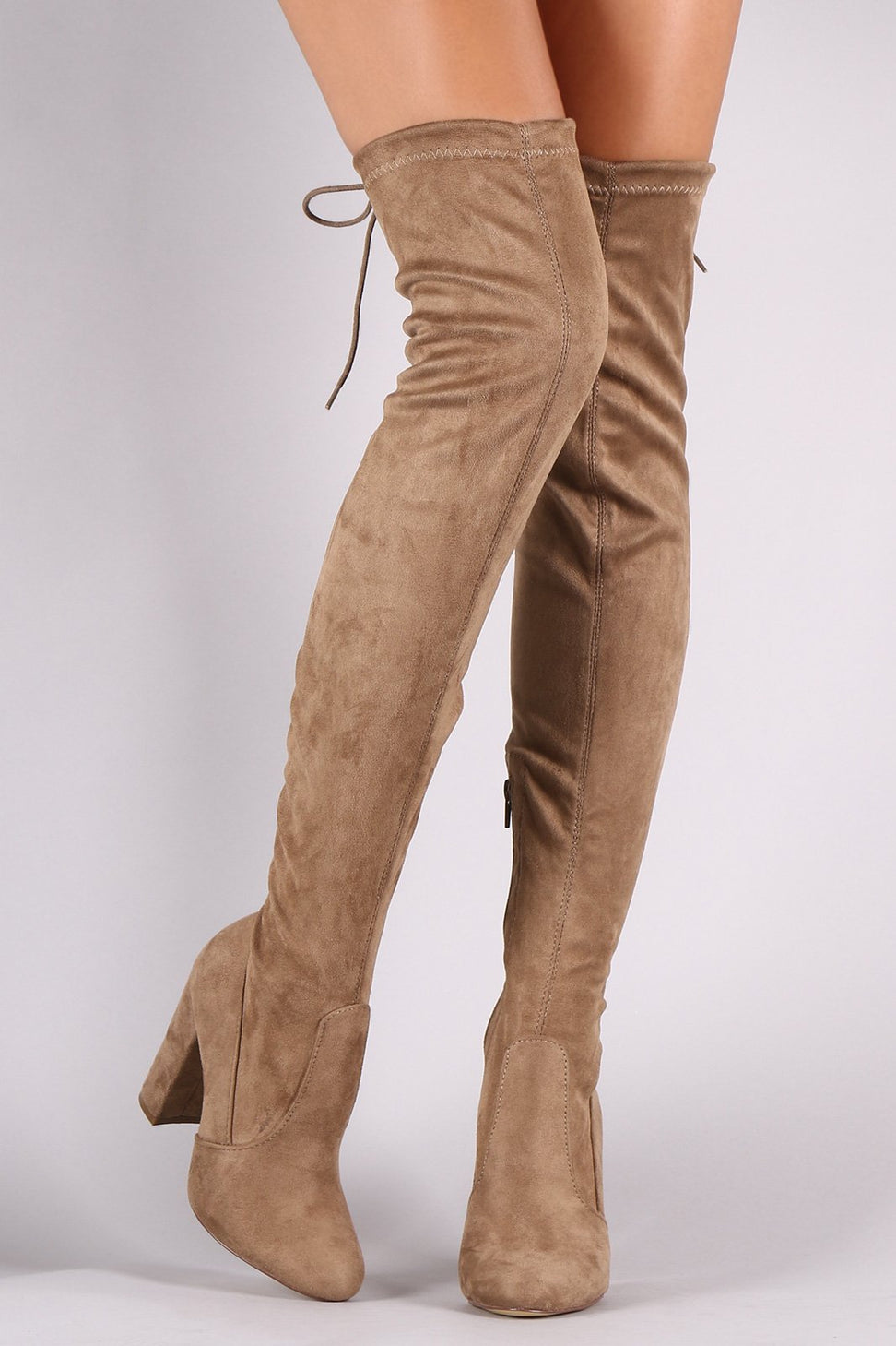 Drawstring-Tie Chunky Heeled Suede Boots