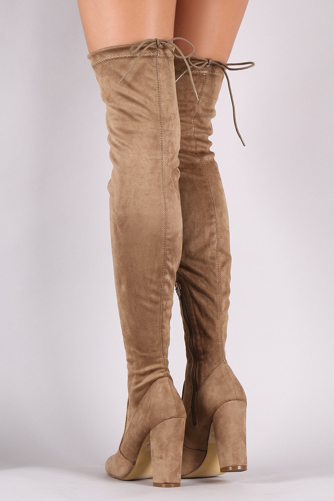 Drawstring-Tie Chunky Heeled Suede Boots