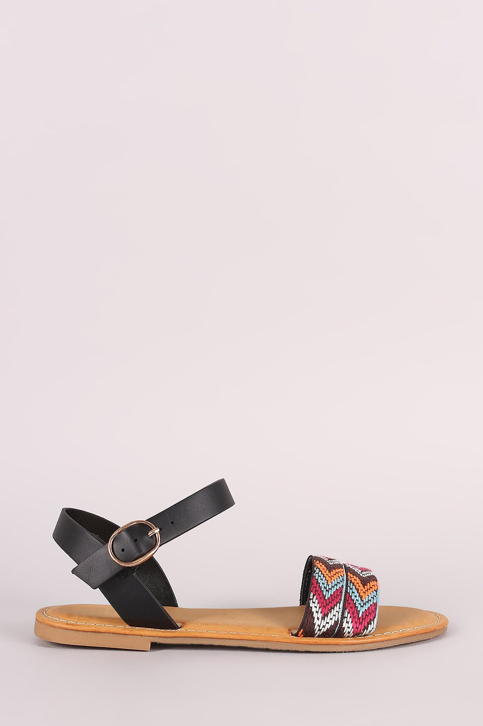 Bamboo Embroidered Chevron Ankle Strap Flat Sandal