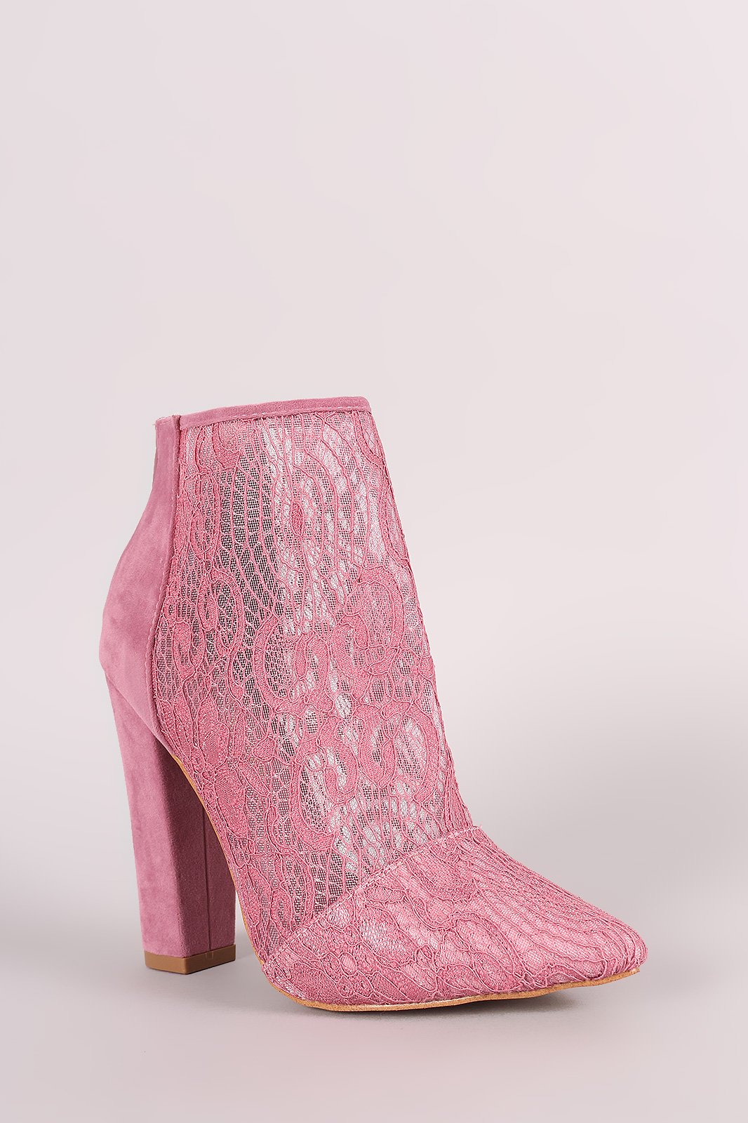 Shoe Republic LA Suede Lace Pointy Toe Chunky Heeled Booties