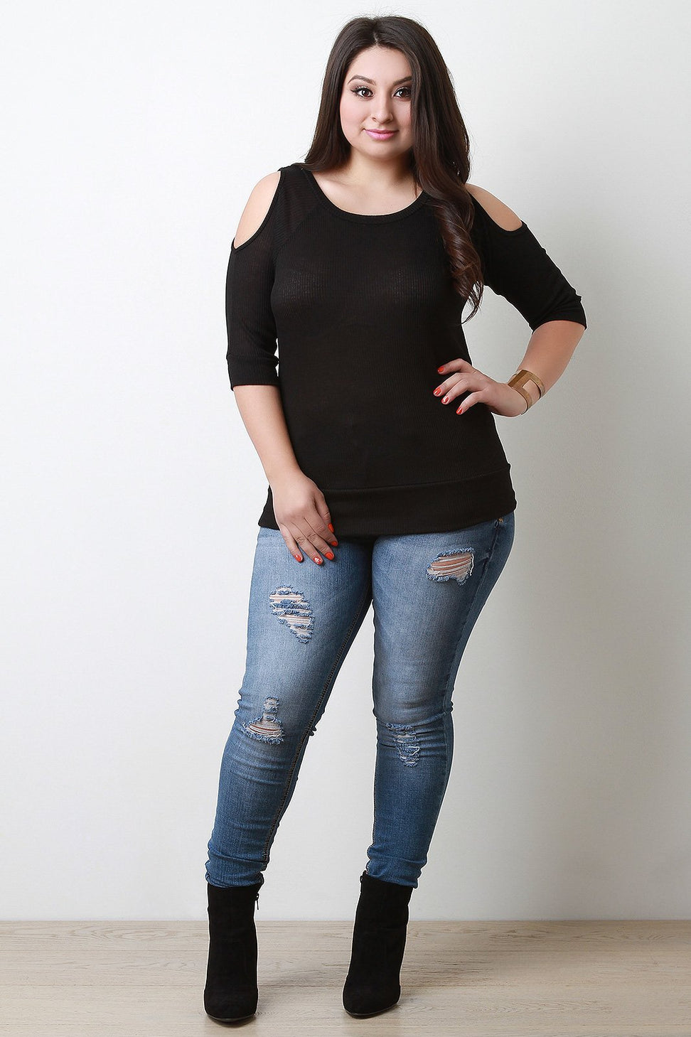 Casual Ribbed Knit Round Neck Cold Shoulder Top