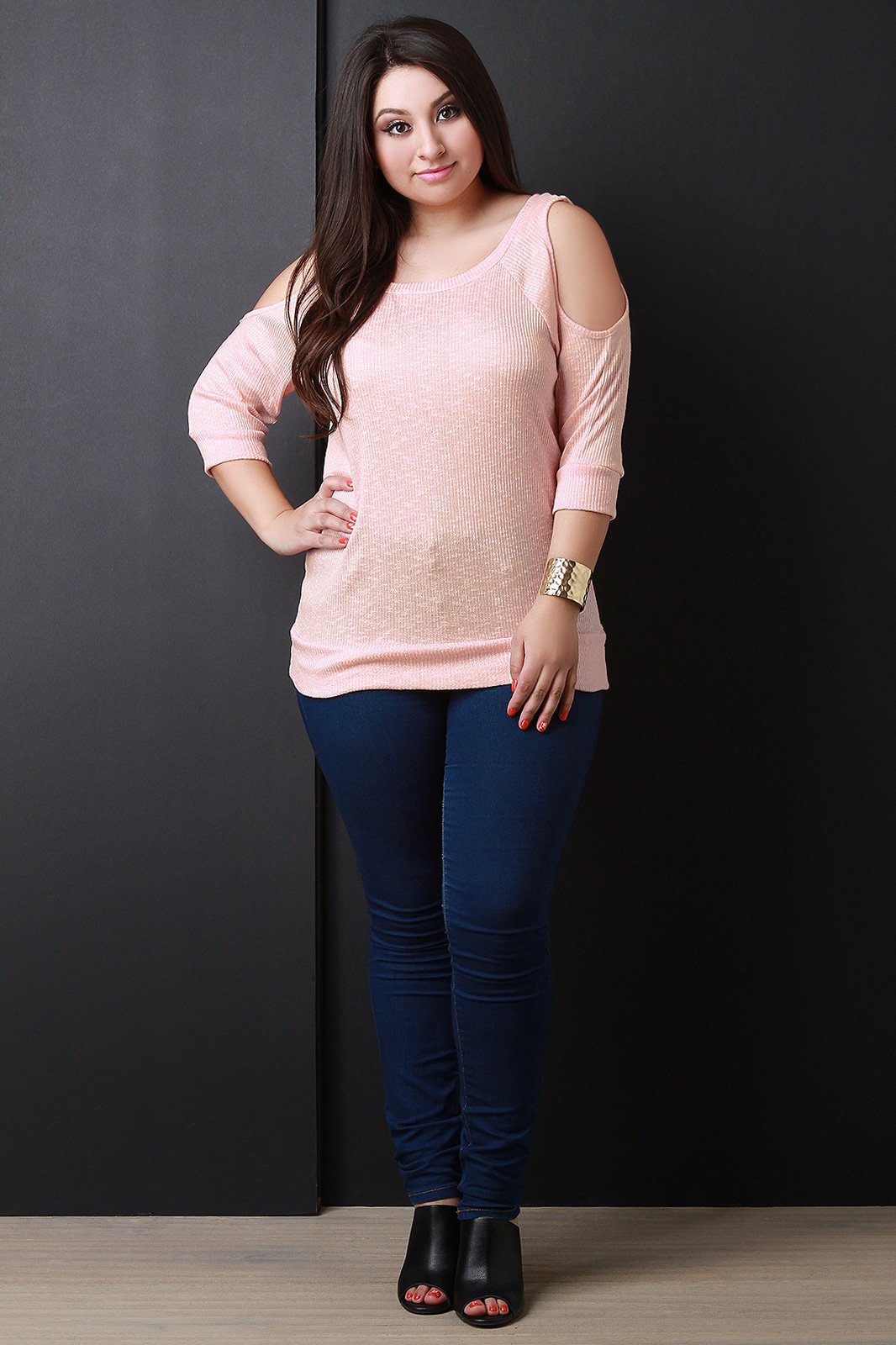 Casual Ribbed Knit Round Neck Cold Shoulder Top