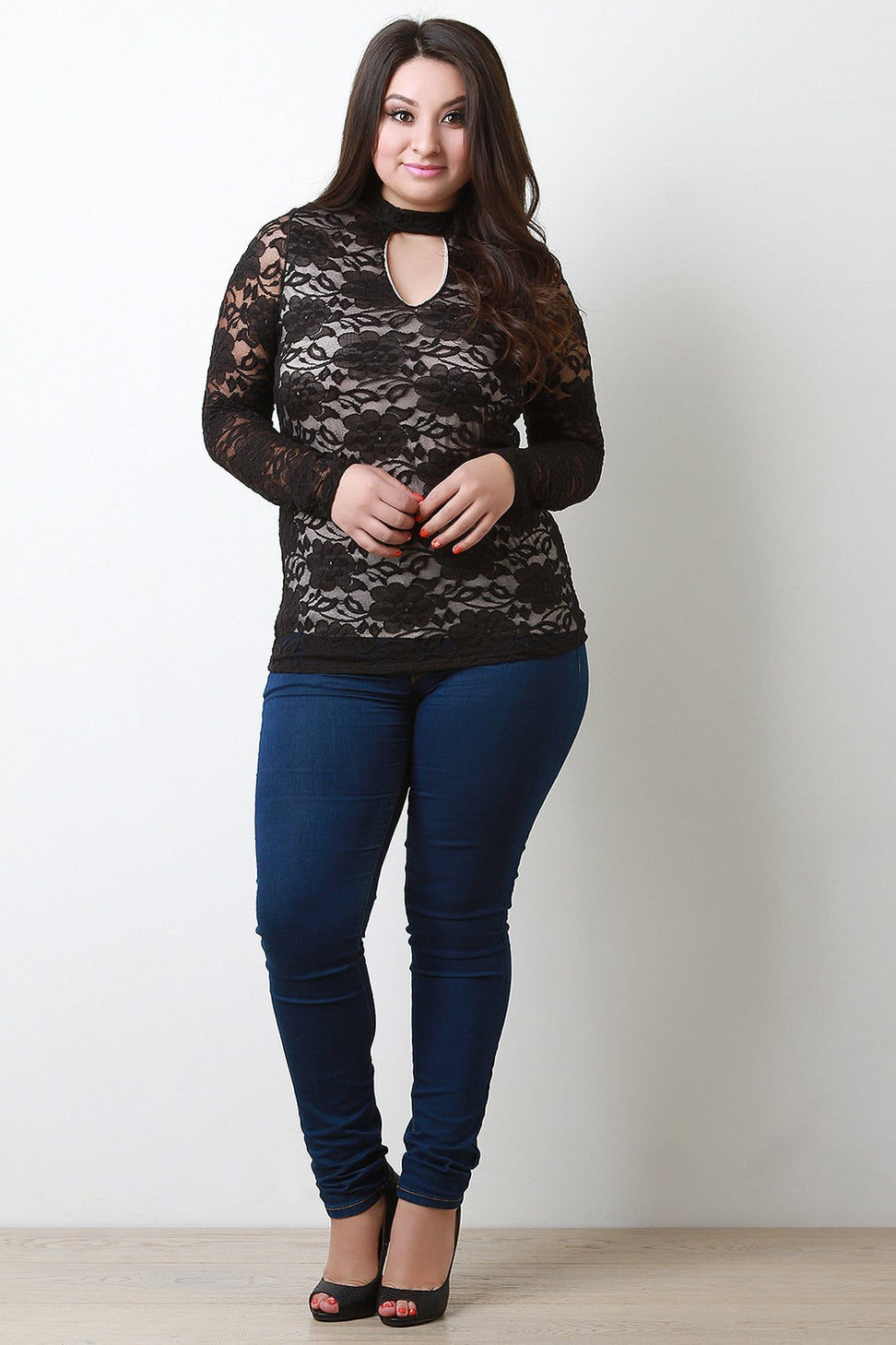 Semi Sheer Floral Lace Keyhole Top