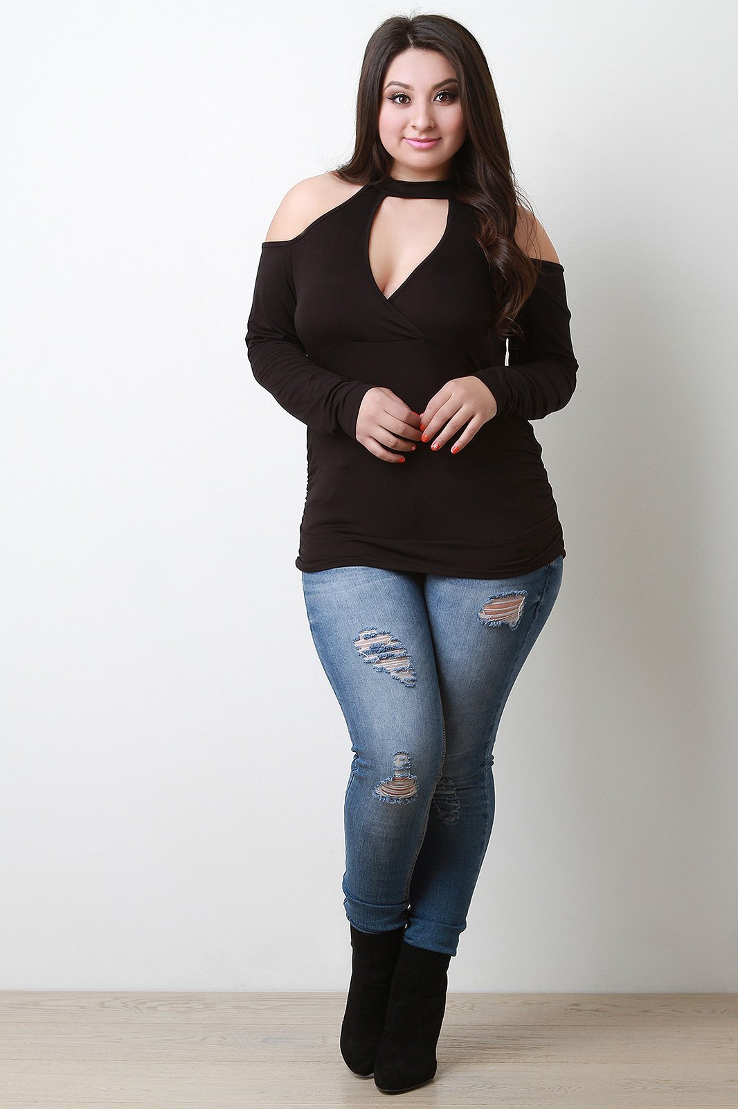 Jersey Knit Cold Shoulder Surplice Fitted Top