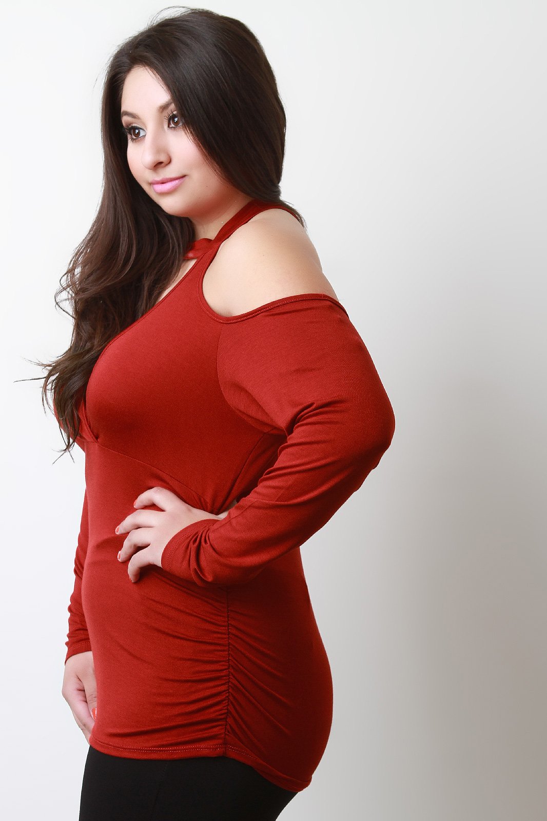 Jersey Knit Cold Shoulder Surplice Fitted Top