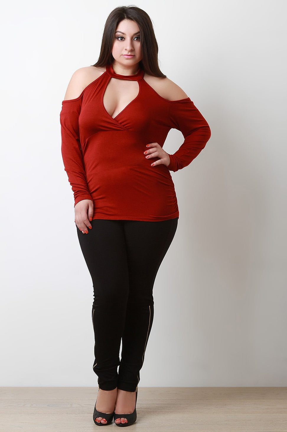 Jersey Knit Cold Shoulder Surplice Fitted Top