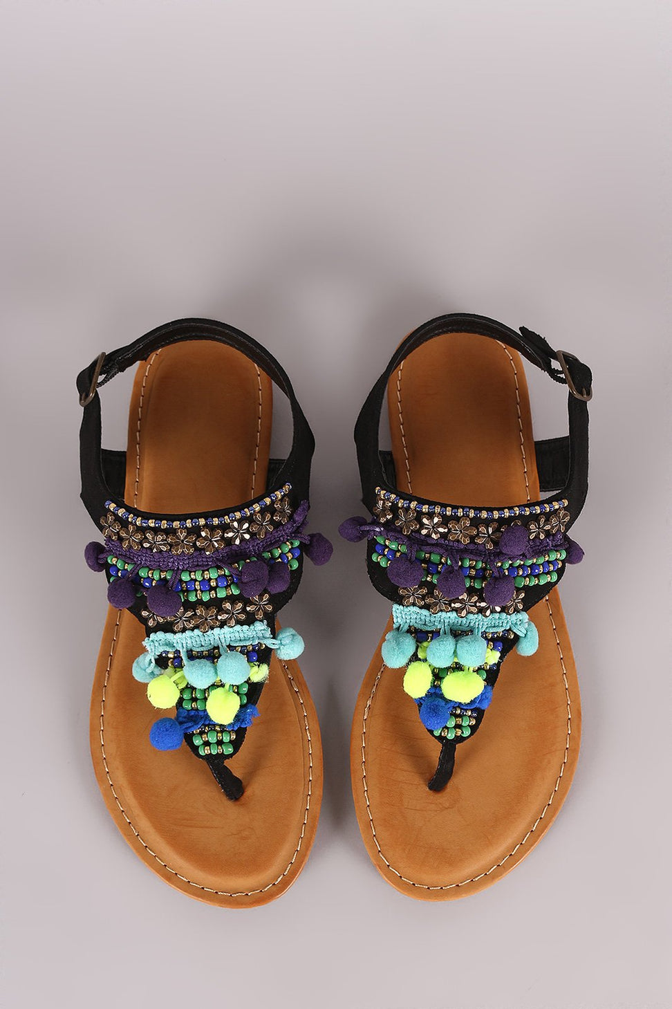 Bamboo Suede Pom Pom And Hardware Embellished Flat Sandal