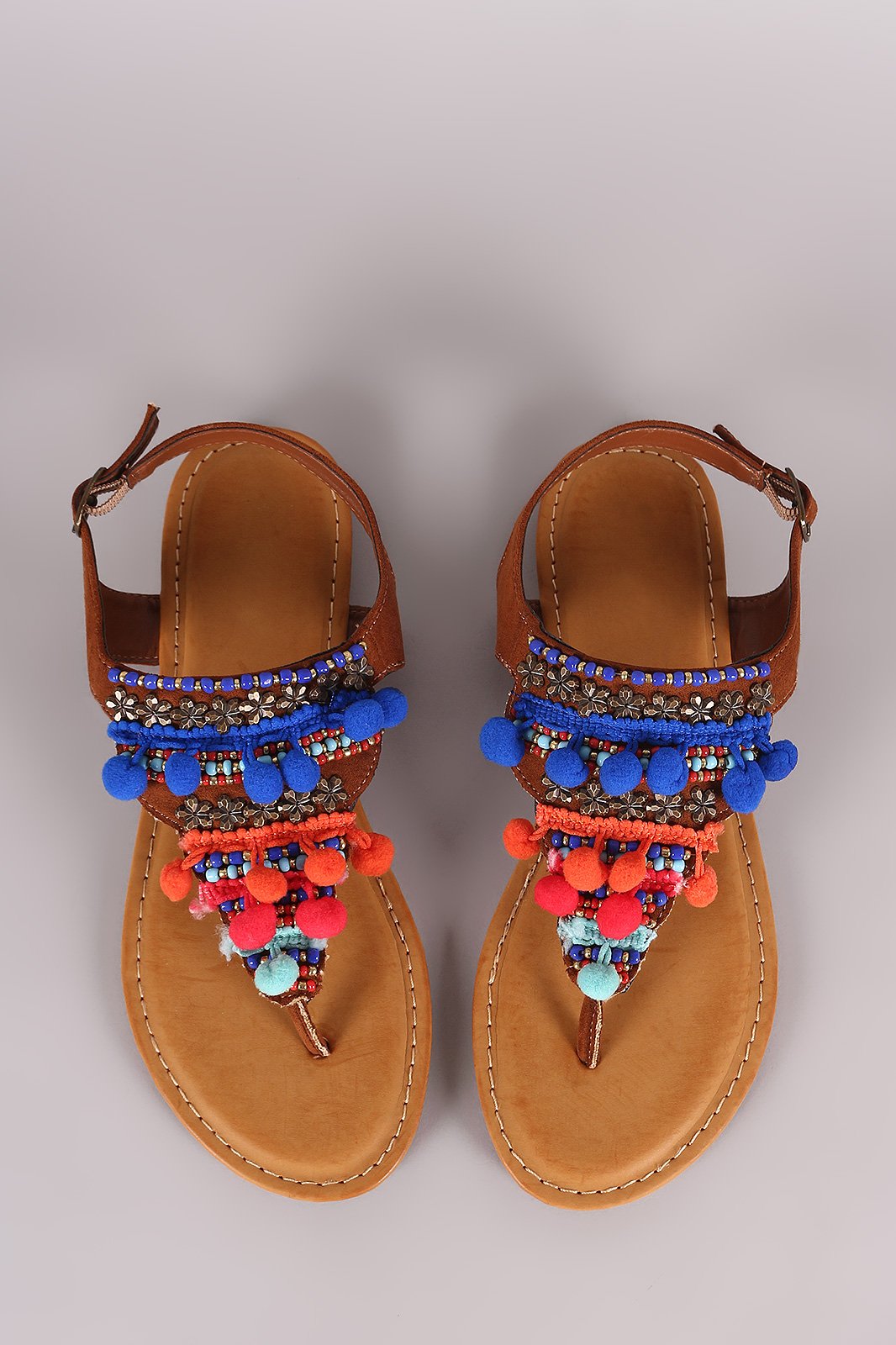 Bamboo Suede Pom Pom And Hardware Embellished Flat Sandal