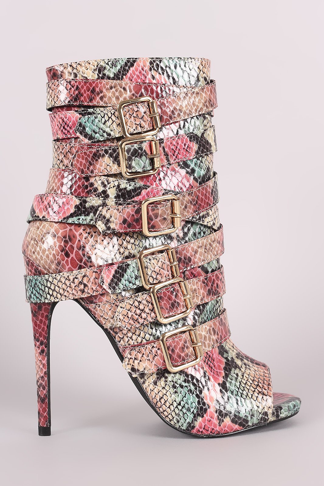 Python Print Strappy Buckled Straps Stiletto Booties