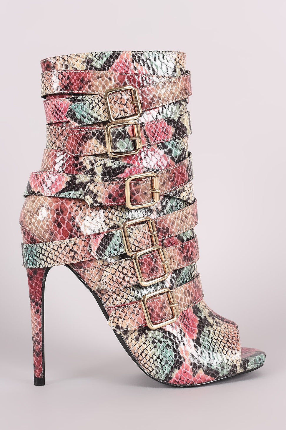 Python Print Strappy Buckled Straps Stiletto Booties