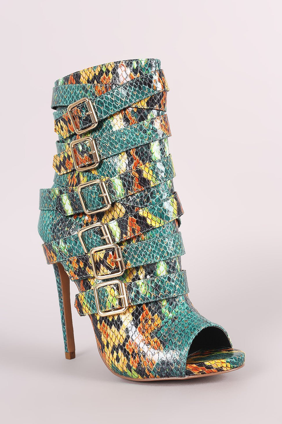 Python Print Strappy Buckled Straps Stiletto Booties