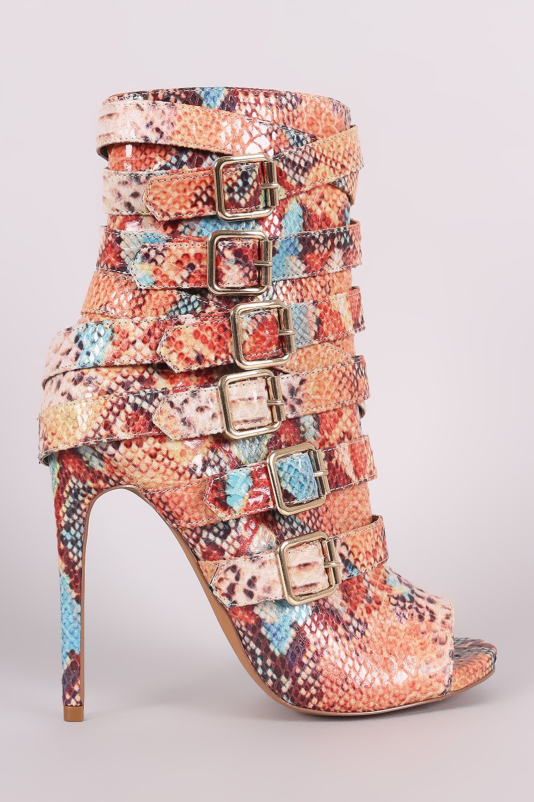 Python Print Strappy Buckled Straps Stiletto Booties