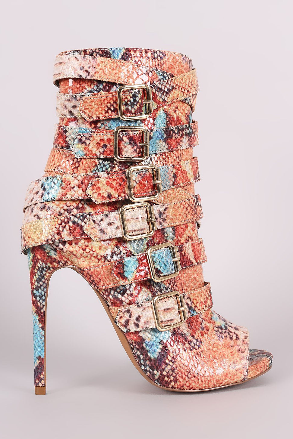 Python Print Strappy Buckled Straps Stiletto Booties