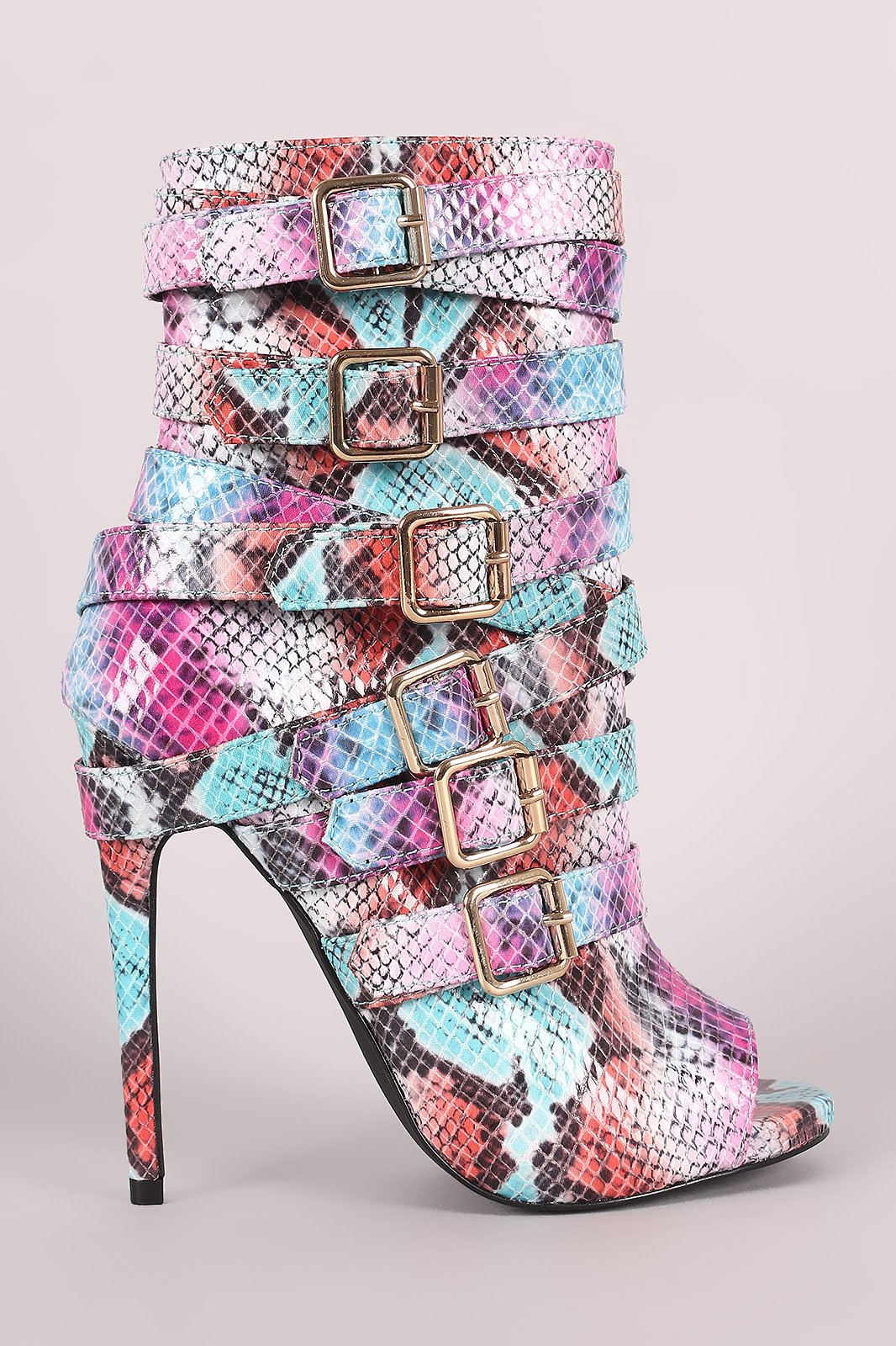 Python Print Strappy Buckled Straps Stiletto Booties