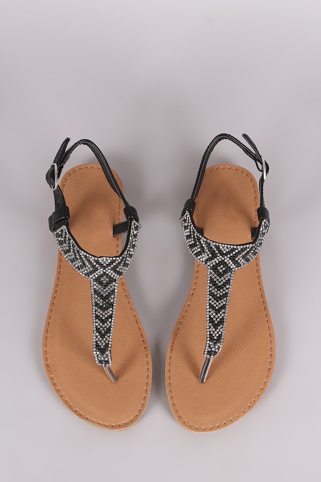 Qupid Rhinestone Embellished T-Strap Flat Sandal