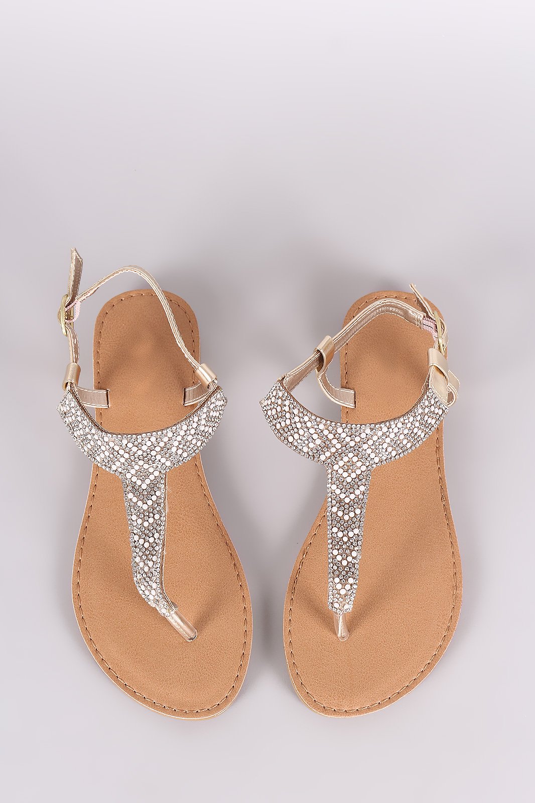 Qupid Rhinestone Embellished T-Strap Flat Sandal
