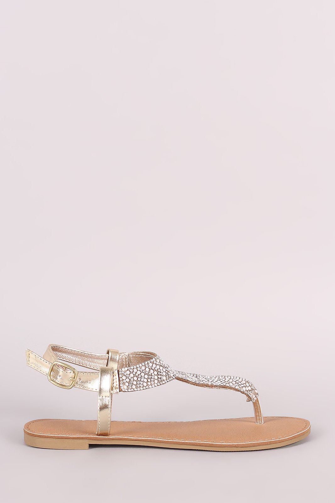 Qupid Rhinestone Embellished T-Strap Flat Sandal
