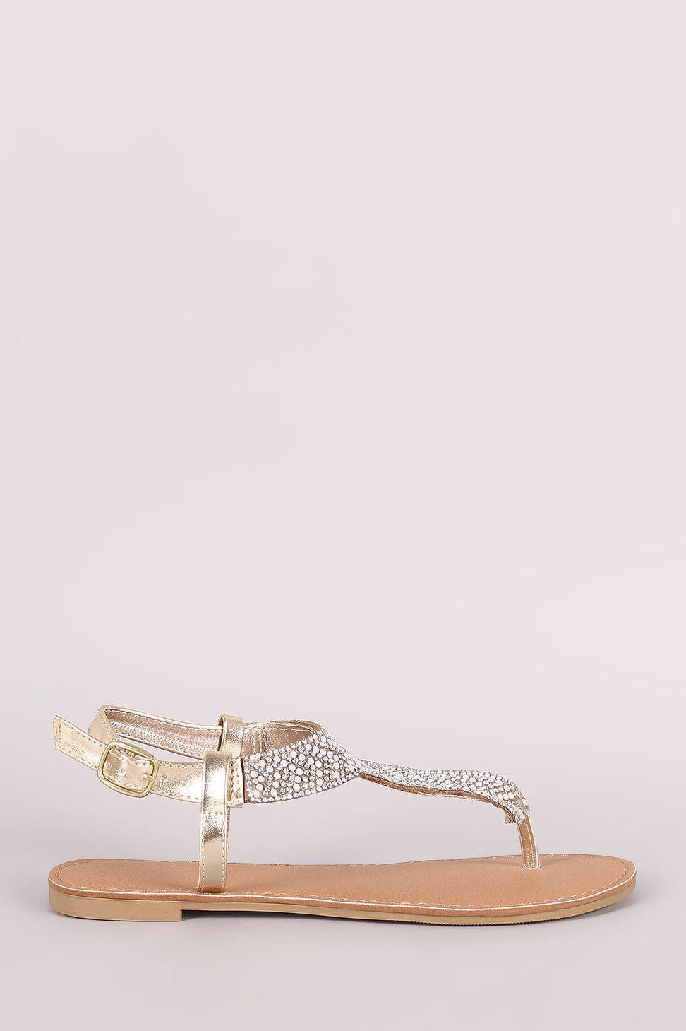 Qupid Rhinestone Embellished T-Strap Flat Sandal