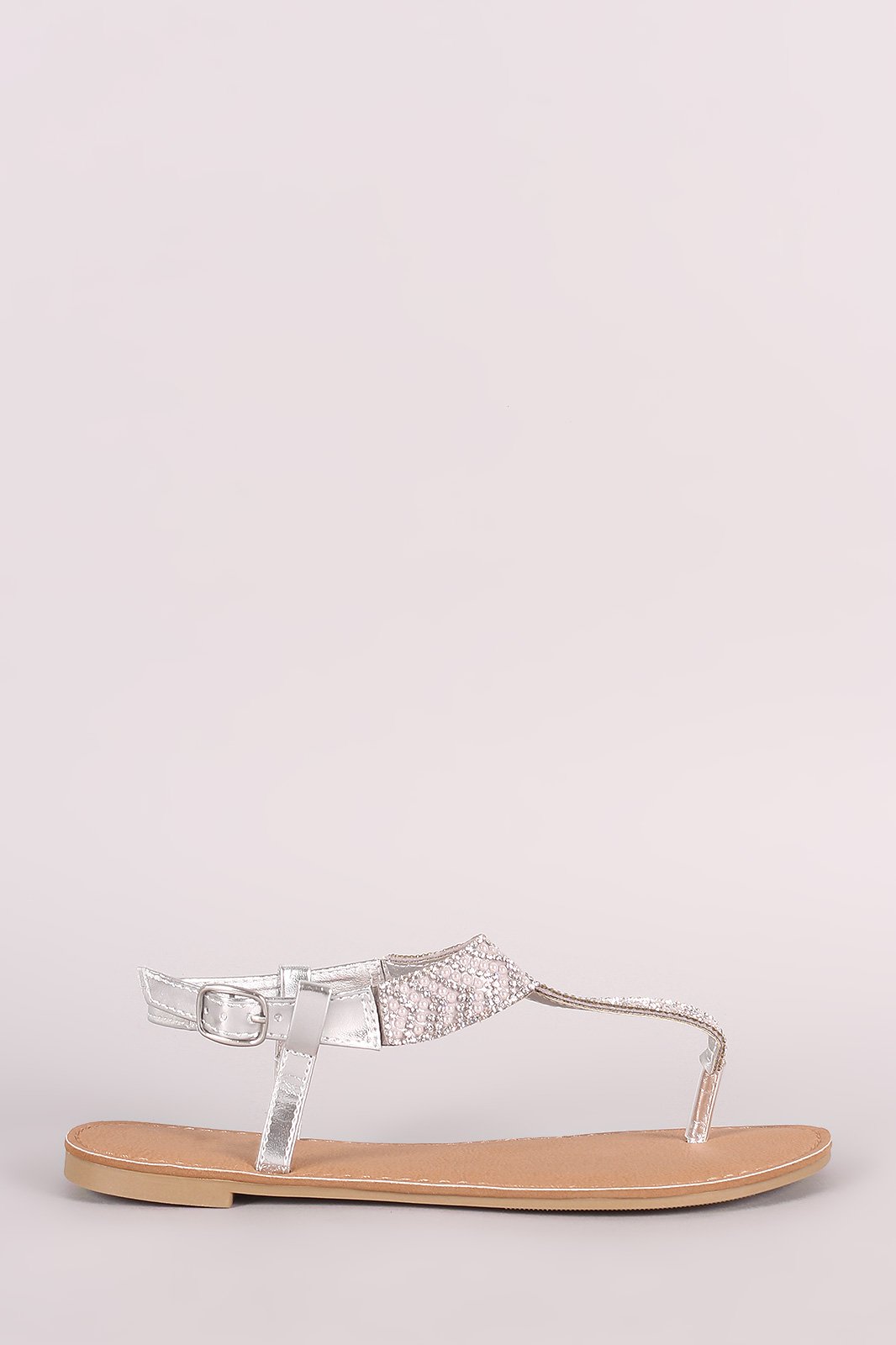 Qupid Rhinestone Embellished T-Strap Flat Sandal