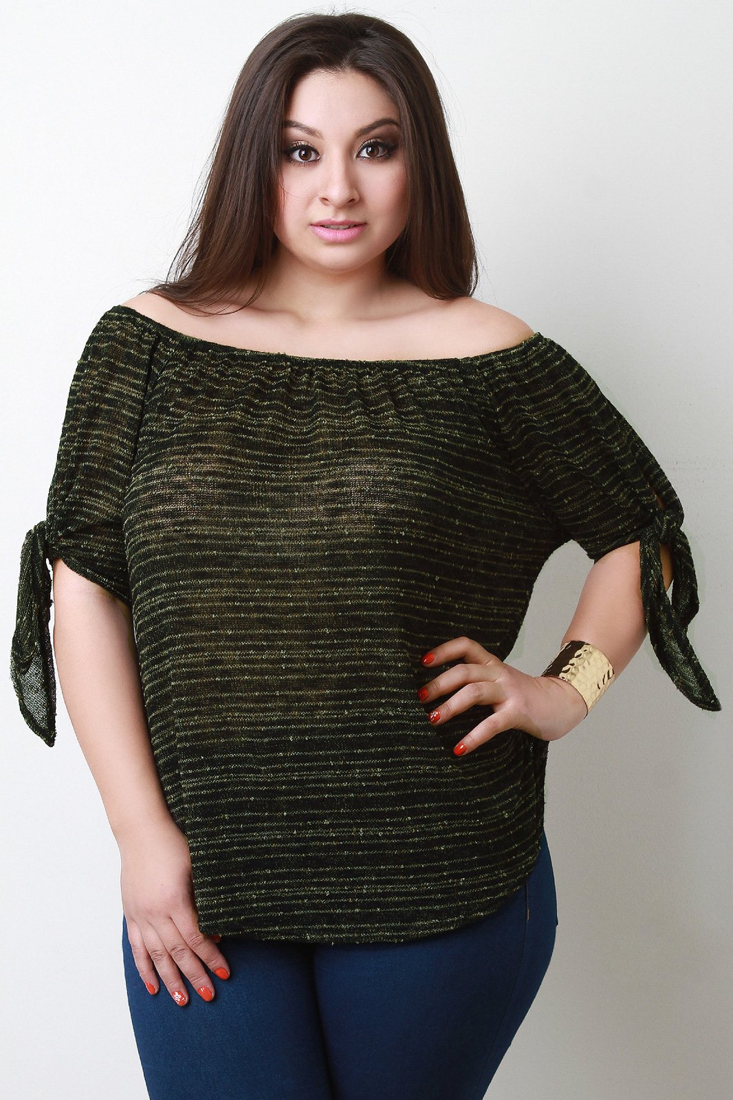 Off The Shoulder Knitted Tie Sleeve Top